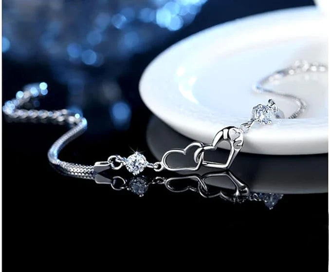 Fu Yu Double Heart Silver Bracelet
