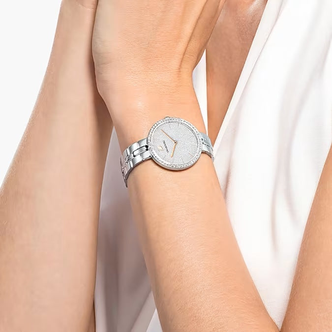 Silver Tone Stainless Steel Watch with Crystal Accents